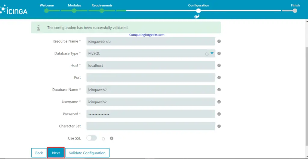 Install and Configure Icinga2 Monitoring Tool on Ubuntu 20.04 9 icinga2 web setup 6 database validated
