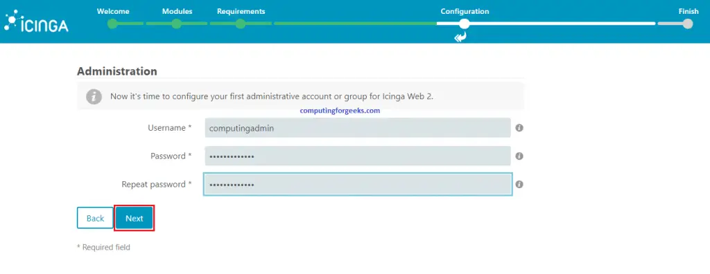 Install and Configure Icinga2 Monitoring Tool on Ubuntu 20.04 11 icinga2 web setup 8 administrative account creation 1