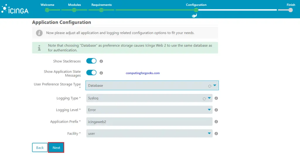 Install and Configure Icinga2 Monitoring Tool on Ubuntu 20.04 12 icinga2 web setup 9 application configuration