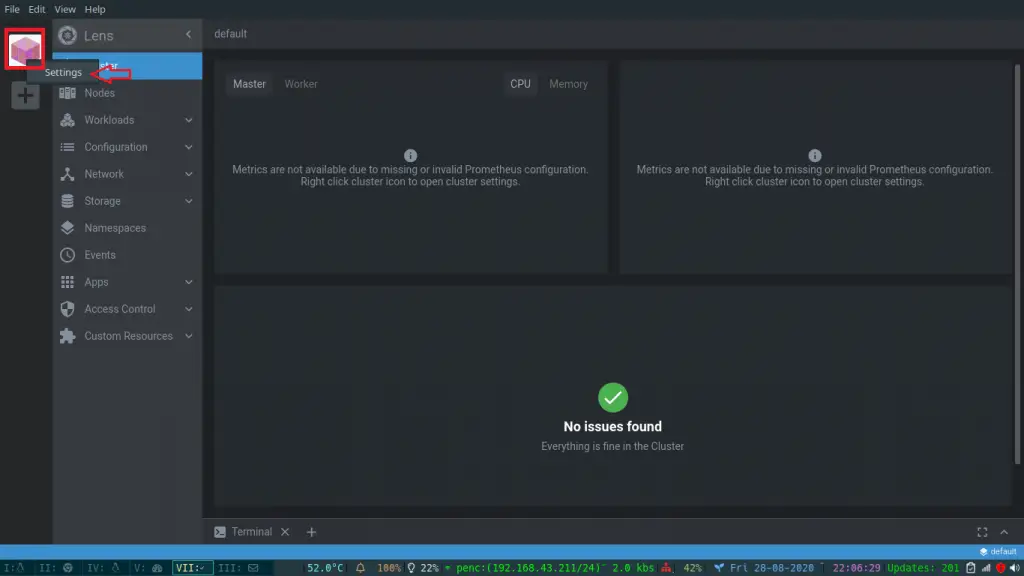 Install Lens - Best Kubernetes Dashboard & IDE 5 Lens page 5 click settings 1