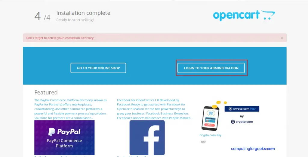 Install and Configure OpenCart e-commerce platform on Ubuntu 20.04 4 OpenCart page 4 installation complete