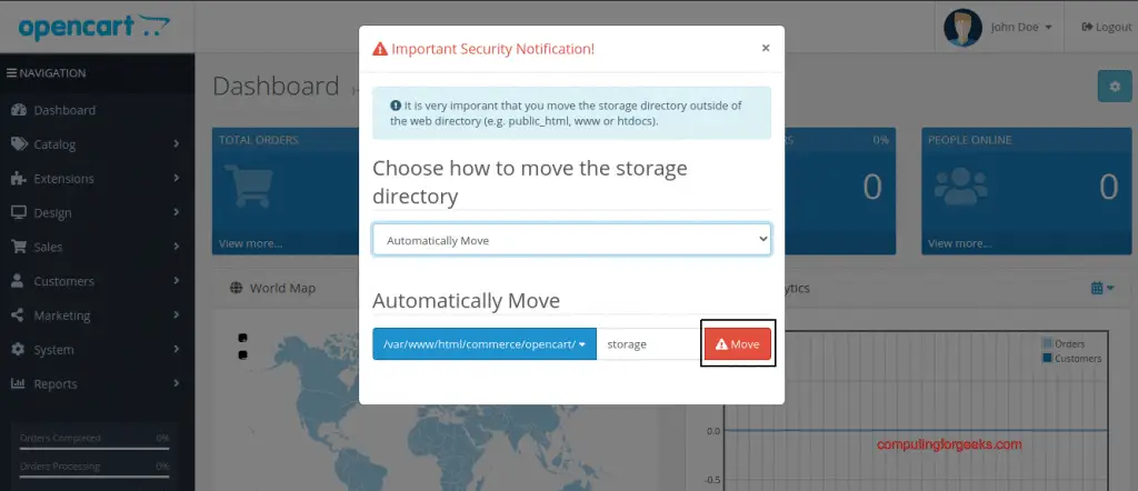 Install and Configure OpenCart e-commerce platform on Ubuntu 20.04 6 OpenCart page 6 admin login move storage