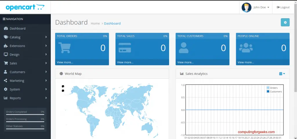 Install and Configure OpenCart e-commerce platform on Ubuntu 20.04 7 OpenCart page 7 dashboard