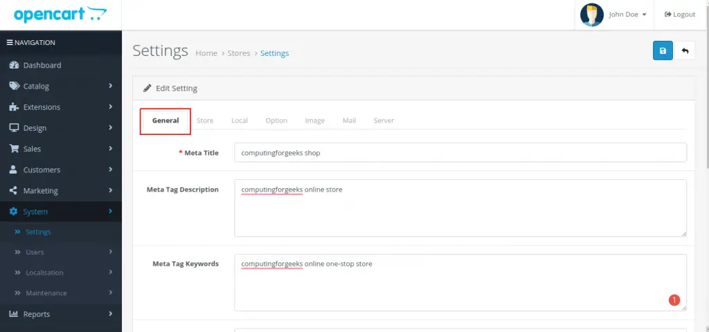 Install and Configure OpenCart e-commerce platform on Ubuntu 20.04 9 OpenCart page 9 general settings