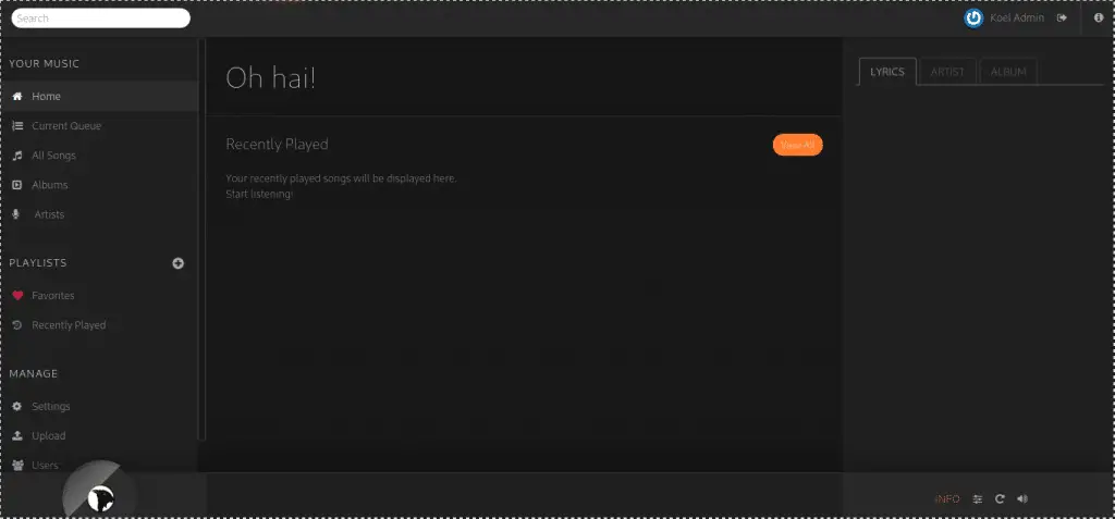 Setup Personal Audio Streaming Server with Koel 3 koel dashboard 2