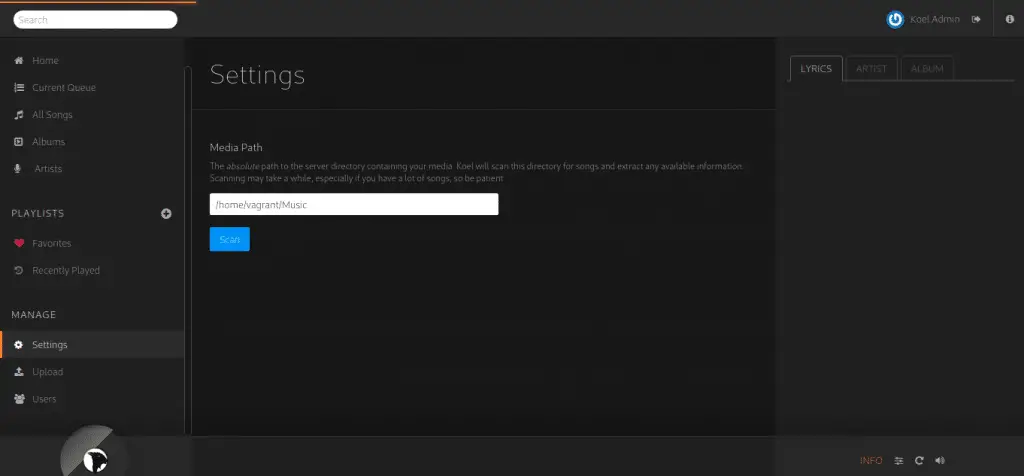Setup Personal Audio Streaming Server with Koel 4 koel dashboard set media path 3