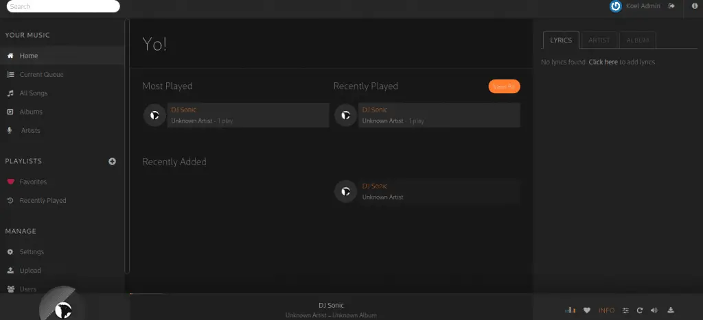Setup Personal Audio Streaming Server with Koel 5 koel music playing 5