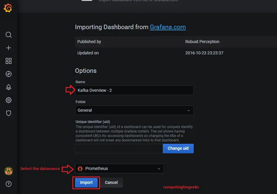 Monitor Apache Kafka with Prometheus and Grafana 11 Grafana import dashboard 3