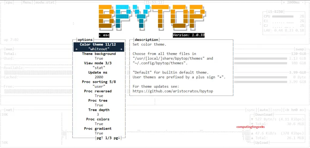 Linux & FreeBSD Resource Monitoring with bpytop 8 bpytop freebsd options change themes arrow keys 2