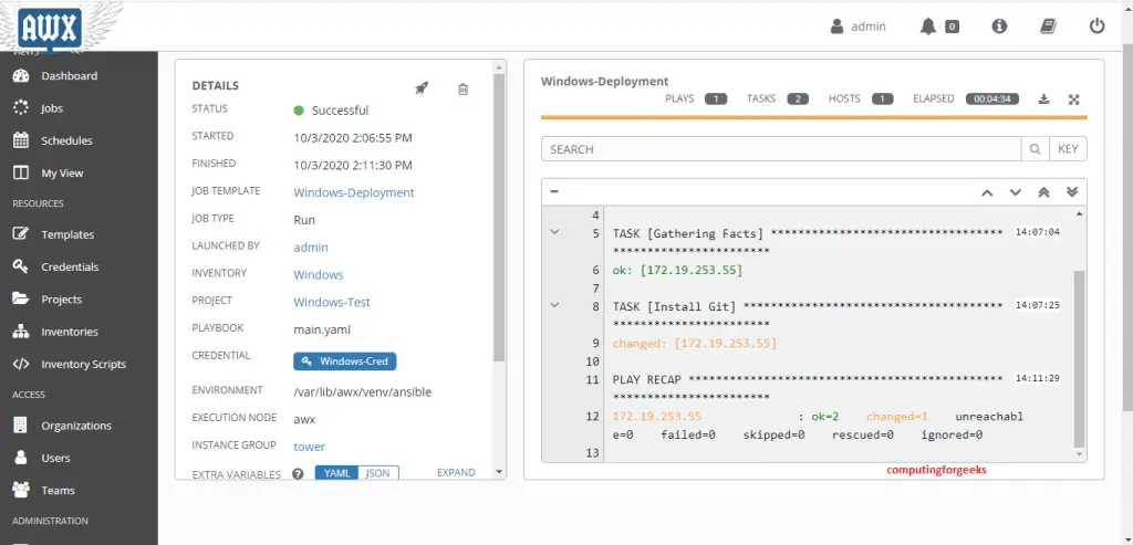Automate Windows Server 2019 & Windows 10 Administration with Ansible 7 AWX Playbook Success