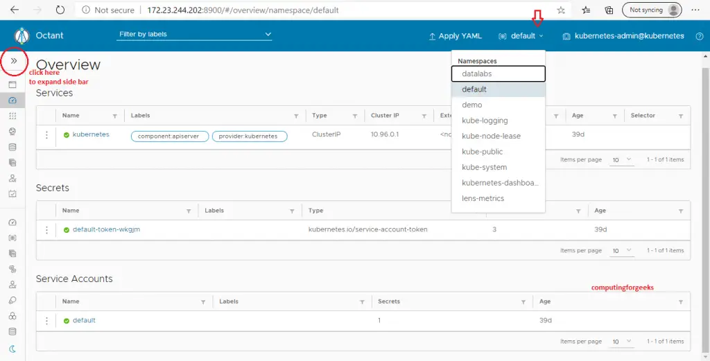 VMware Octant - Visualize & Monitor Kubernetes Deployments 4 Octant 4 view namespaces drop down