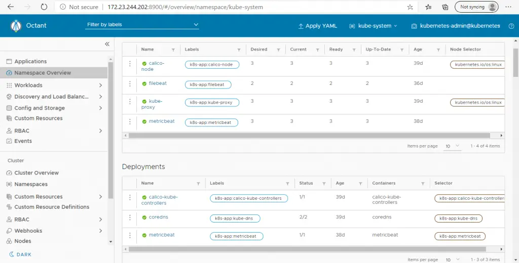 VMware Octant - Visualize & Monitor Kubernetes Deployments 5 Octant 5 show kube system namespace details
