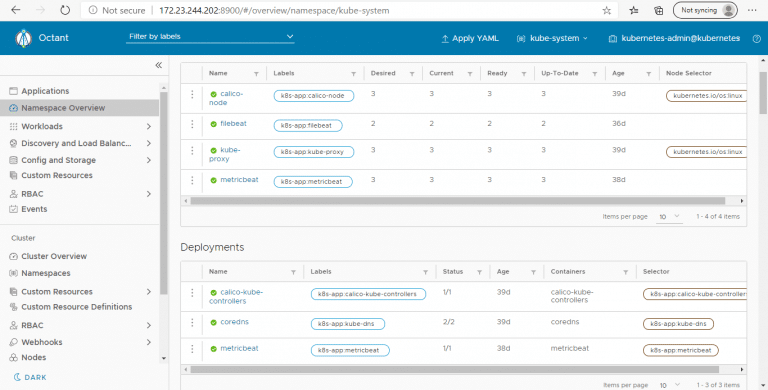 Octant 5 show kube system namespace details