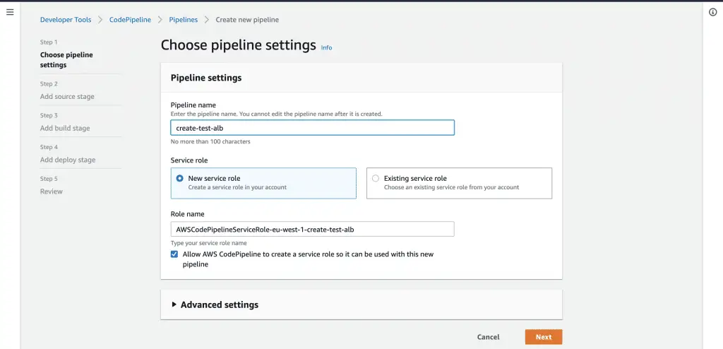 Create and Configure AWS Application Load Balancer with CloudFormation 2 choose pipeline settings