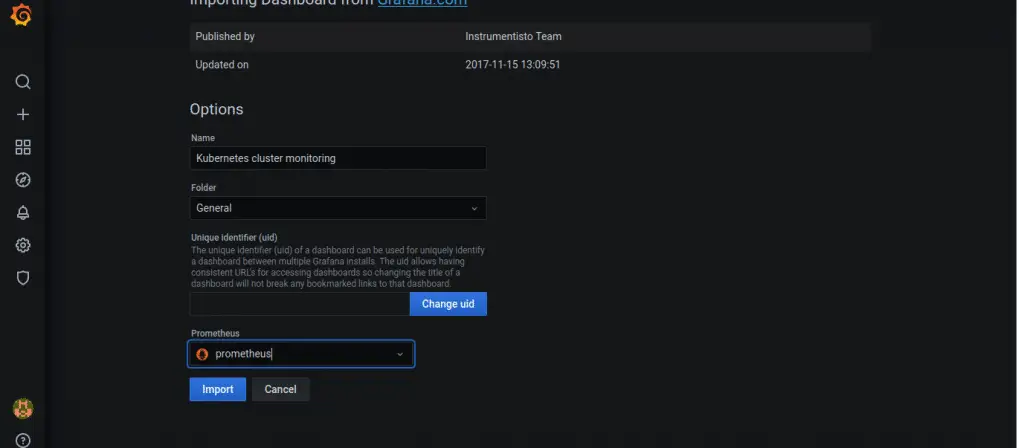 Install Grafana on Kubernetes for Cluster Monitoring 10 import dashboard2 graana
