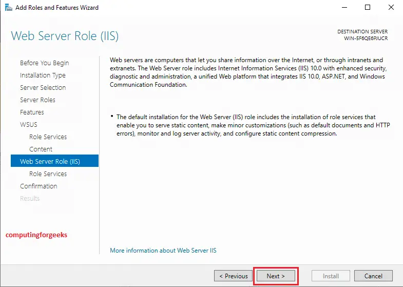 Install Windows Service Update Services (WSUS) on Windows server 2019 13 server manager add roles and features wizard IIS 11