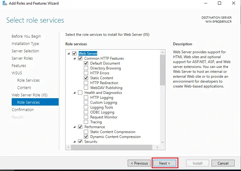 Install Windows Service Update Services (WSUS) on Windows server 2019 14 server manager add roles and features wizard IIS packages 12