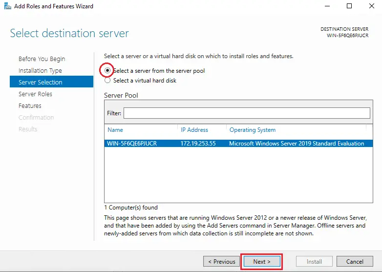Install Windows Service Update Services (WSUS) on Windows server 2019 5 server manager add roles and features wizard choose server 4