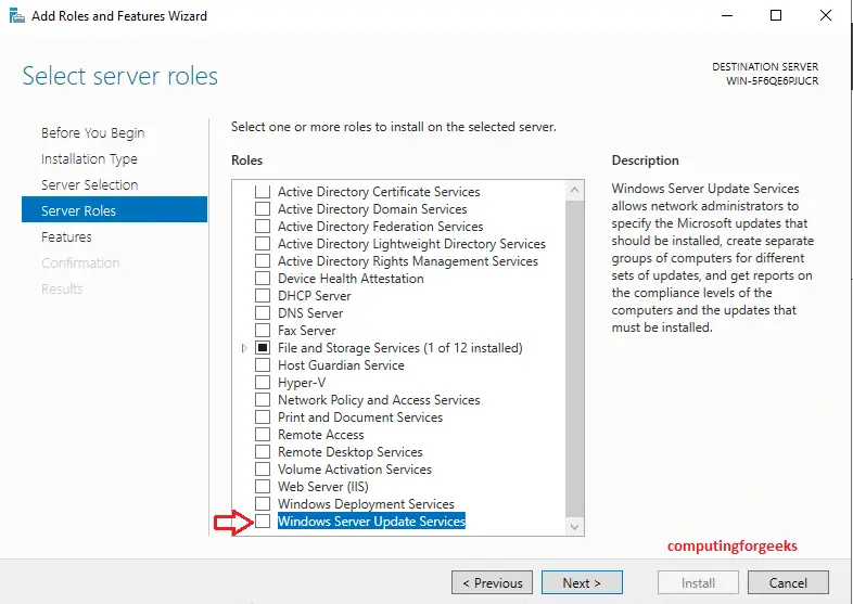 Install Windows Service Update Services (WSUS) on Windows server 2019 6 server manager add roles and features wizard choose wsus role 5