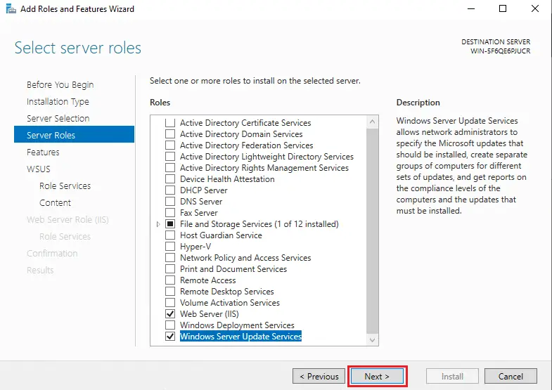 Install Windows Service Update Services (WSUS) on Windows server 2019 8 server manager add roles and features wizard click next after popup 7 1