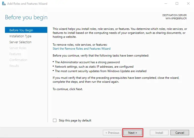Install Windows Service Update Services (WSUS) on Windows server 2019 3 server manager add roles and features wizard click