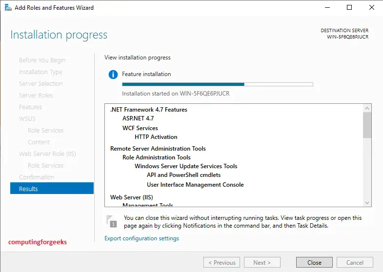 Install Windows Service Update Services (WSUS) on Windows server 2019 16 server manager add roles and features wizard install progress 14