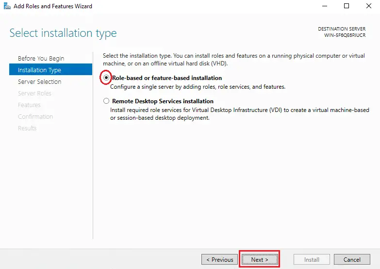 Install Windows Service Update Services (WSUS) on Windows server 2019 4 server manager add roles and features wizard role based or feature based
