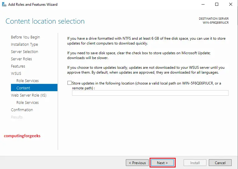 Install Windows Service Update Services (WSUS) on Windows server 2019 12 server manager add roles and features wizard select content location 10 2