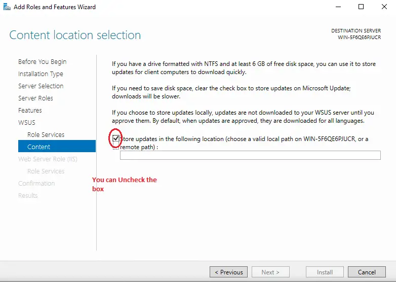 Install Windows Service Update Services (WSUS) on Windows server 2019 11 server manager add roles and features wizard select content location 10