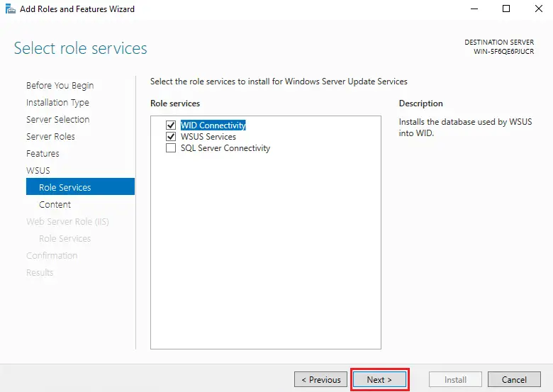 Install Windows Service Update Services (WSUS) on Windows server 2019 10 server manager add roles and features wizard select role services 9 1