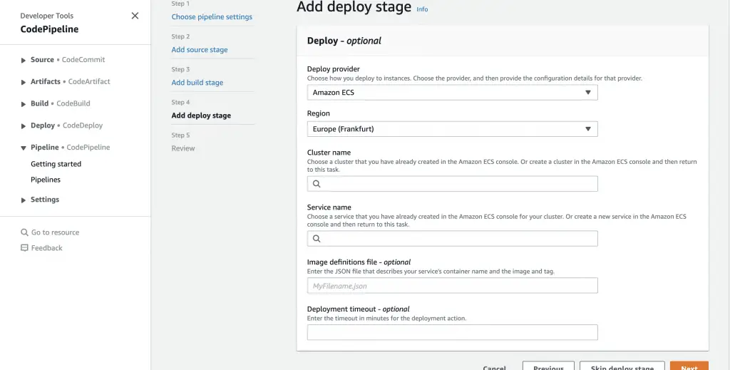 AWS ECS: Automatically Update ECS Services using CodePipeline 11 CodePipeline Add Deploy Stage