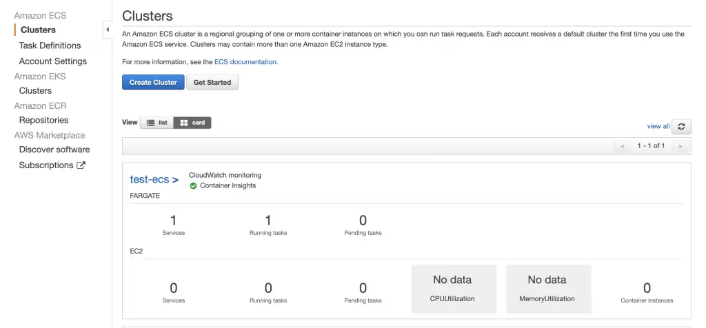 AWS ECS: Deploying Containers using Task and Service Definitions 1 ECS Cluster with Service Running