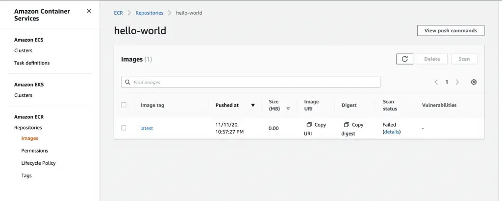 Running Docker Containers on AWS ECS - Upload Docker Images to ECR 11 Image pushed to repository