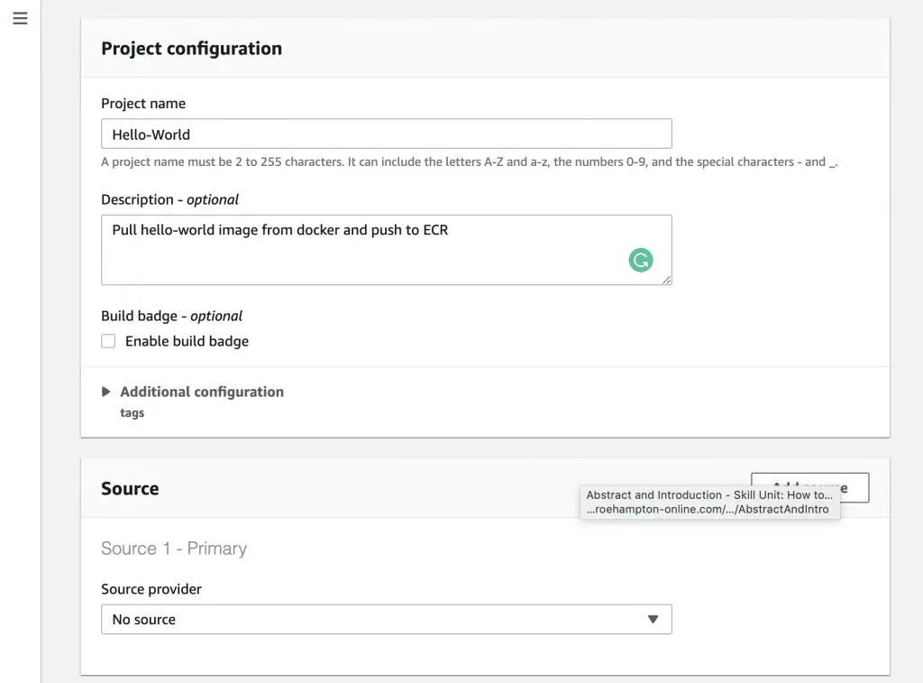 Running Docker Containers on AWS ECS - Upload Docker Images to ECR 4 Project and Source Configuration