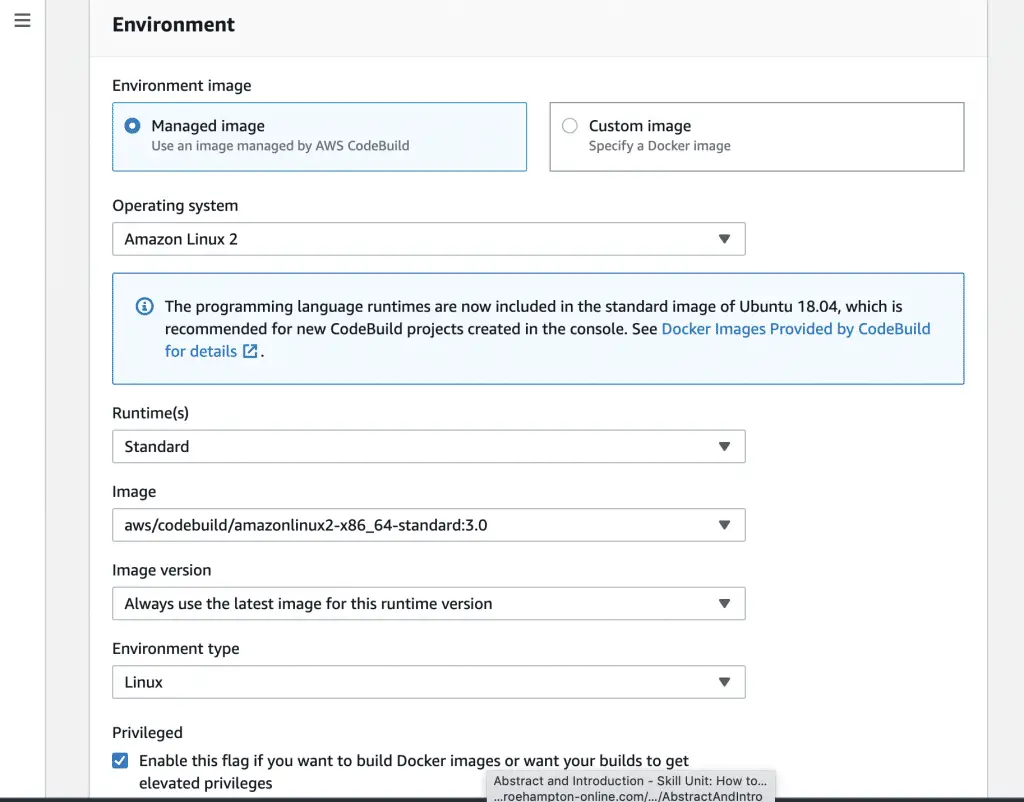 Running Docker Containers on AWS ECS - Upload Docker Images to ECR 5 Select Build Environment