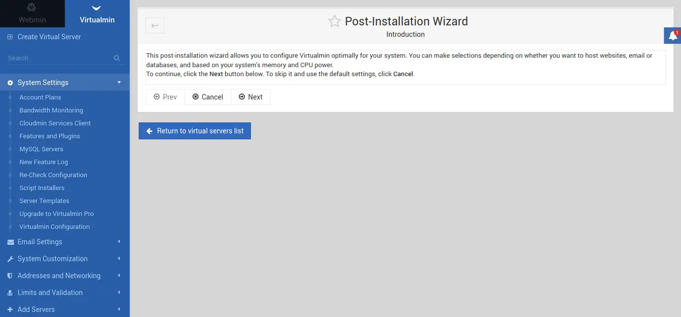 Installing post. Virtualmin ubuntu. virtualmin. post installation.