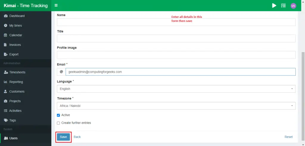 Install Kimai web-based time tracking application 5 kimai dashboard create user 2