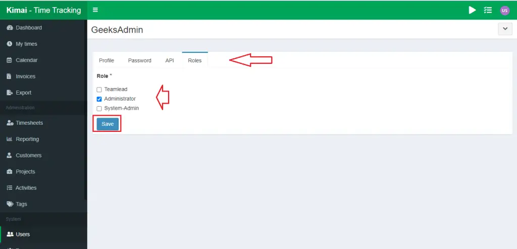 Install Kimai web-based time tracking application 6 kimai dashboard create user 3 create roles