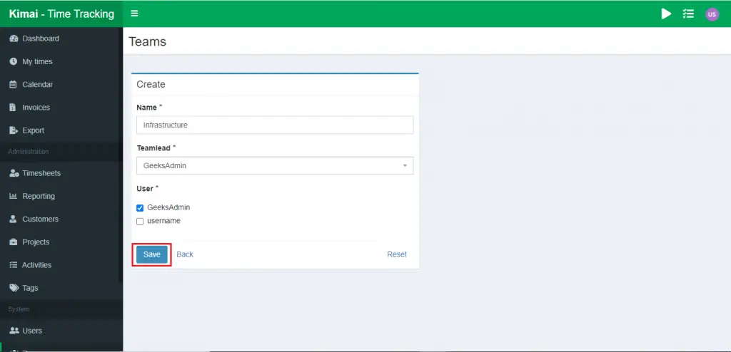 Install Kimai web-based time tracking application 8 kimai dashboard teams 2