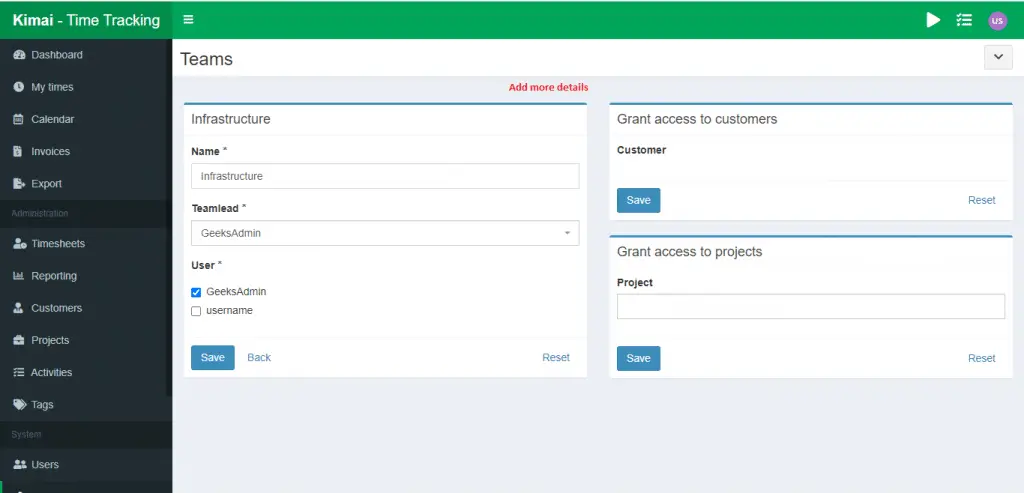 Install Kimai web-based time tracking application 9 kimai dashboard teams 3