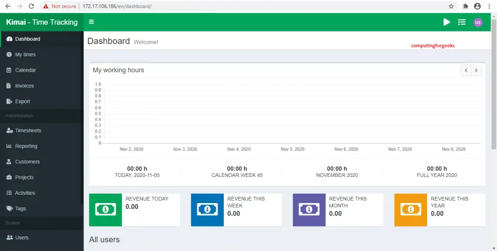 Install Kimai web-based time tracking application 3 kimai login dashboard