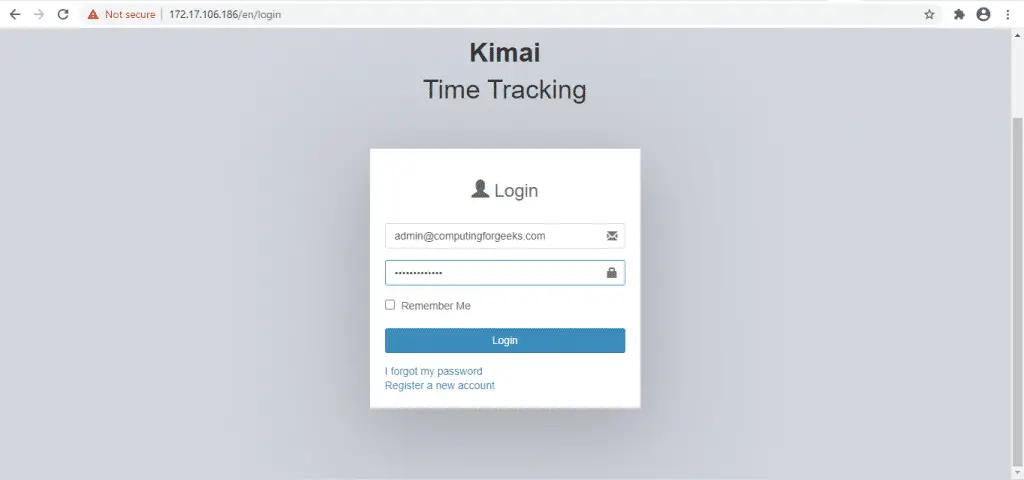 Install Kimai web-based time tracking application 2 kimai login page 1