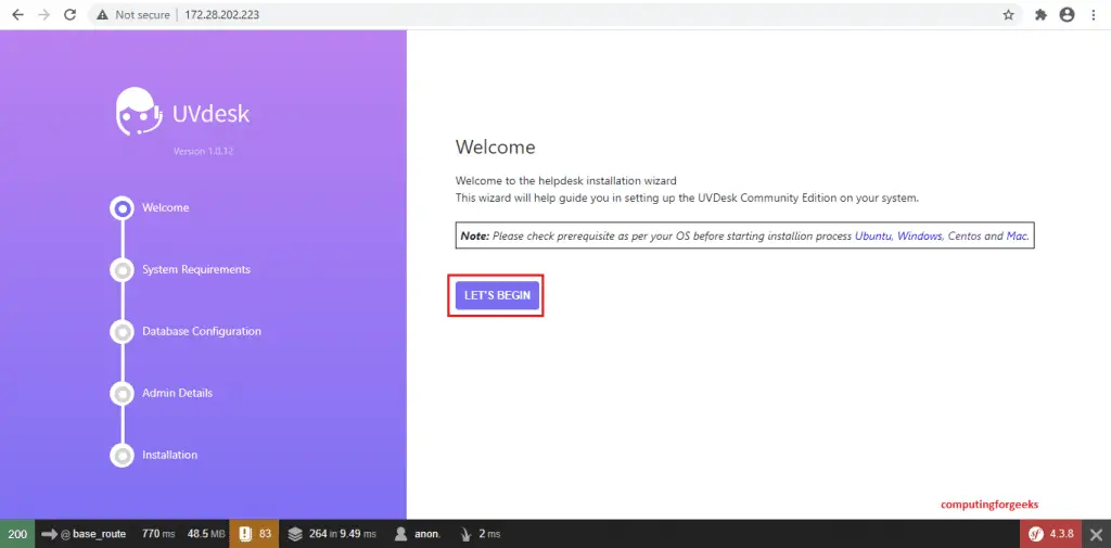 Install UVdesk Helpdesk Ticketing System On CentOS 8 2 uvdesk install page 1