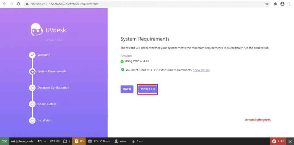 Install UVdesk Helpdesk Ticketing System On CentOS 8 3 uvdesk install page 2 check requirements