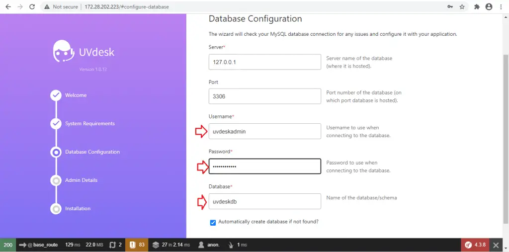 Install UVdesk Helpdesk Ticketing System On CentOS 8 4 uvdesk install page 3 database configuration