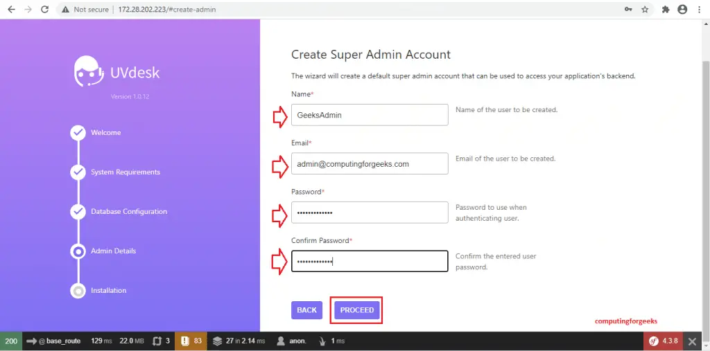 Install UVdesk Helpdesk Ticketing System On CentOS 8 5 uvdesk install page 4 create super admin account