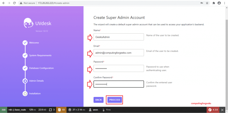 uvdesk install page 4 create super admin account