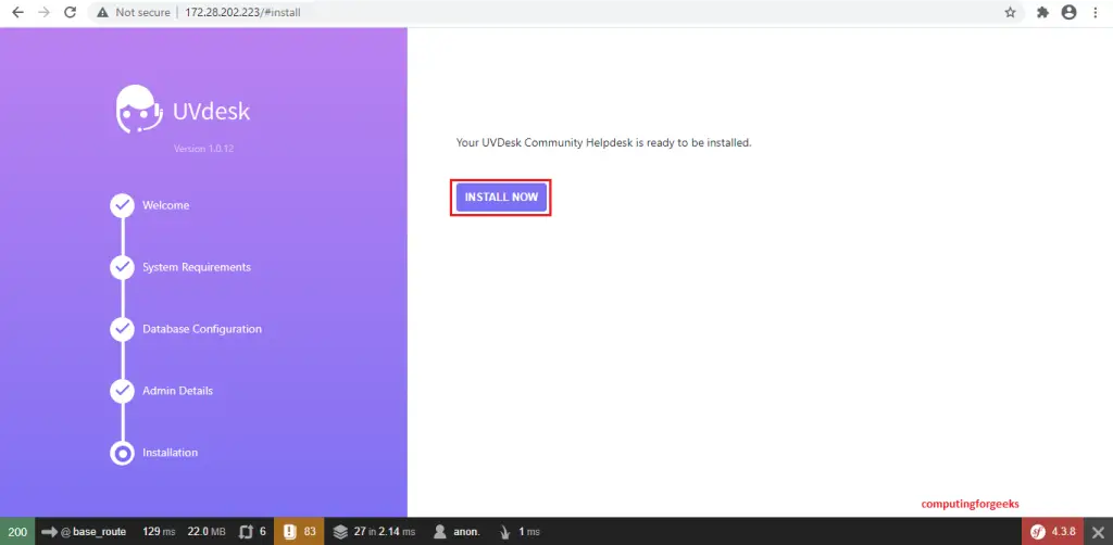 Install UVdesk Helpdesk Ticketing System On CentOS 8 7 uvdesk install page 6 install now