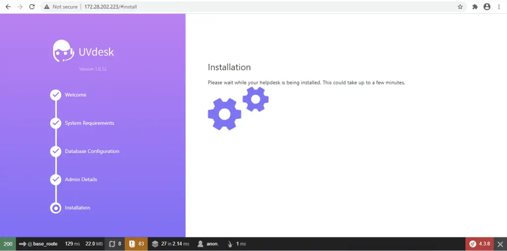 Install UVdesk Helpdesk Ticketing System On CentOS 8 8 uvdesk install page 7 installation progerss