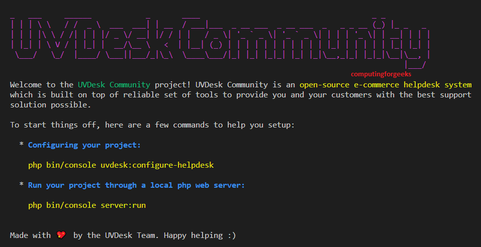 Install UVdesk Helpdesk Ticketing System On CentOS 8 1 uvdesk terminal logo